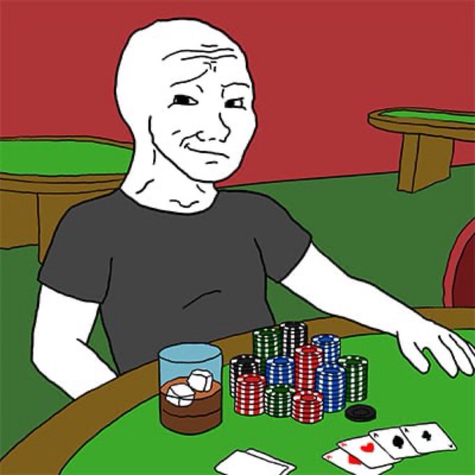 A Wojak-style meme illustration showing the character sitting at a green casino poker table with a stack of chips, a drink, and playing cards (including an ace of spades), with poker tables visible in the background.