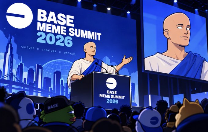 An illustrated conference stage shows a speaker presenting to a crowd beneath prominent text reading “BASE MEME SUMMIT 2026” and “CULTURE × CREATORS × ONCHAIN,” with the event logo repeated on the podium. The futuristic blue cityscape and large screen displaying the speaker visually connect to the post’s announcement that the second Base Meme Summit is scheduled for 24 hours from now.