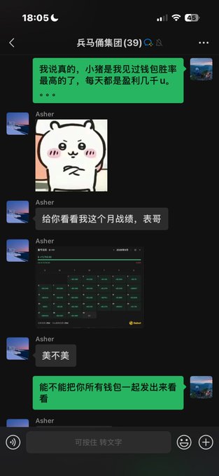 A WeChat group chat titled "兵马俑集团 (39)" showing a conversation where a user (Asher) shares their impressive monthly earnings from "小猪" (CCPiggy_), reportedly making tens of thousands of U daily, and displays screenshots of their profit records in the group.
