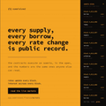 A webpage with a yellow background displays the bold text 'every supply, every borrow, every rate change in public record' above a 'Get Started' button.
