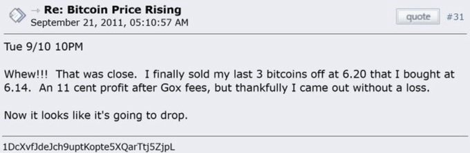 Forum post titled 'Re: Bitcoin Price Rising' from September 21, 2011, where a user recounts selling their last 3 bitcoins at 6.20 for an 11-cent profit.