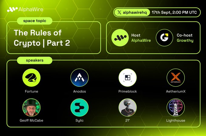 A green and black AlphaWire Twitter Space announcement for "The Rules of Crypto | Part 2," scheduled for 17th Sept, 2:00 PM UTC, listing speakers like Fortune, Anodos, Primeblock, and AetheriumX.