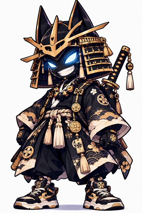 A digital illustration of a chibi-style samurai character wearing an ornate black and gold kabuto helmet, traditional robes with floral patterns, and carrying a katana.