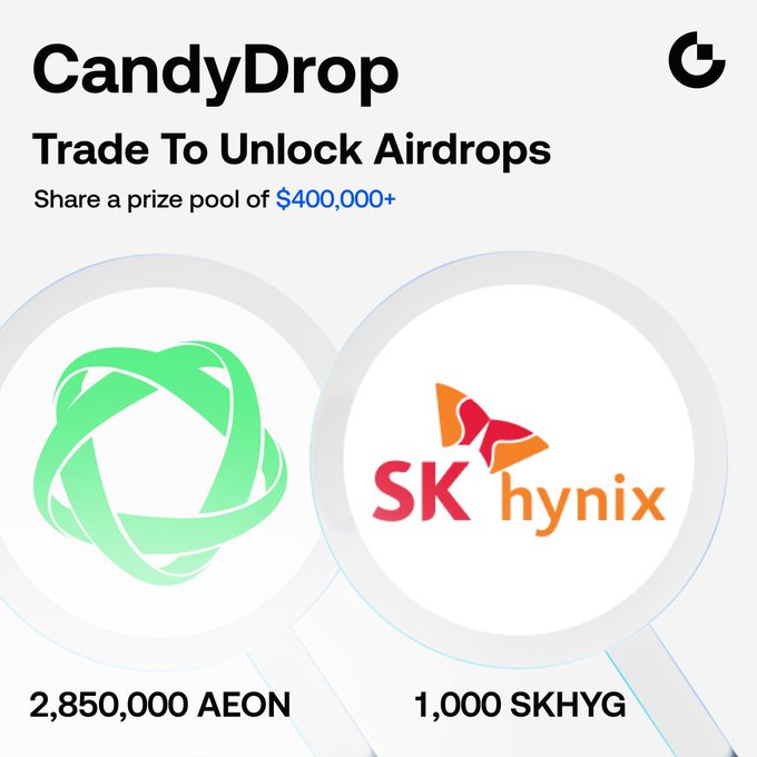 Gate.io's CandyDrop promotion offers users a share of a $400,000+ prize pool by completing trading tasks to claim airdrops of 2,850,000 $AEON and 1,000 $SKHYG tokens.