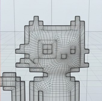 A wireframe 3D model of a character or object displayed against a light blue grid background.