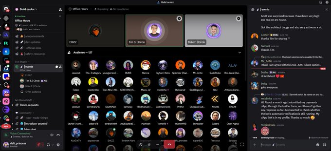 A screenshot of a Discord interface showing a voice call with 'Office Hours' participants including 'EFFIZZ', 'Tim R. | Circle', and 'Mike F. | Circle' speakers, with an audience of 127 members.