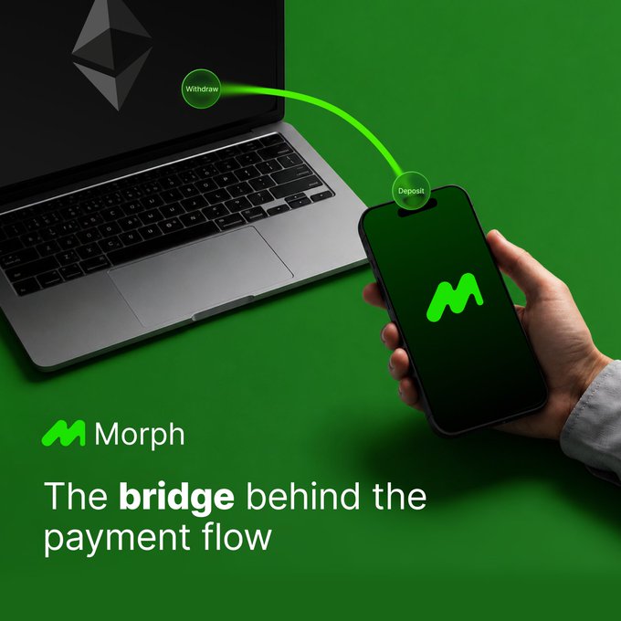 The image shows a person holding a cell phone displaying an app, which appears to be related to cryptocurrency or payment management. The text above the image reads "The bridge behind the payment flow", suggesting that the focus of the app might be on facilitating secure transactions between different layers in the payment stack without requiring users to manage the underlying infrastructure themselves.

The main person's hand is holding a cell phone, while another cell phone can be seen placed next to it. The background features a green color with a white border and a logo for "Morph". This suggests that the image might have been taken in an office or workspace setting where Morph's payment management app could be used by employees or clients.
