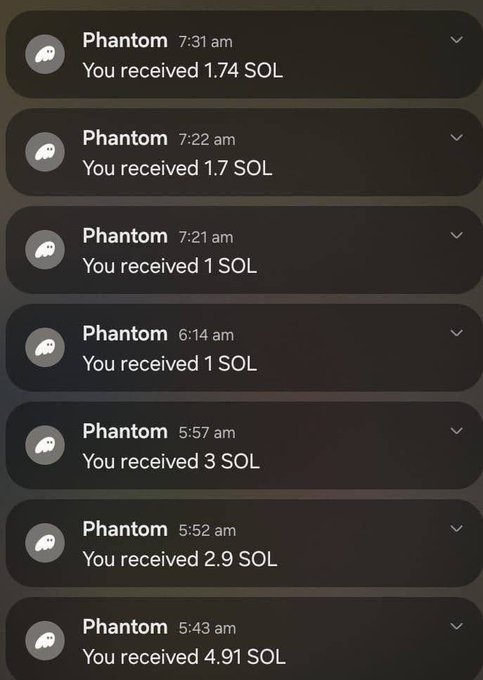 A mobile phone notification log shows multiple Phantom wallet alerts between 5:43 am and 7:31 am indicating receipts of various amounts of SOL (Solana) cryptocurrency, ranging from 1 SOL to 4.91 SOL.