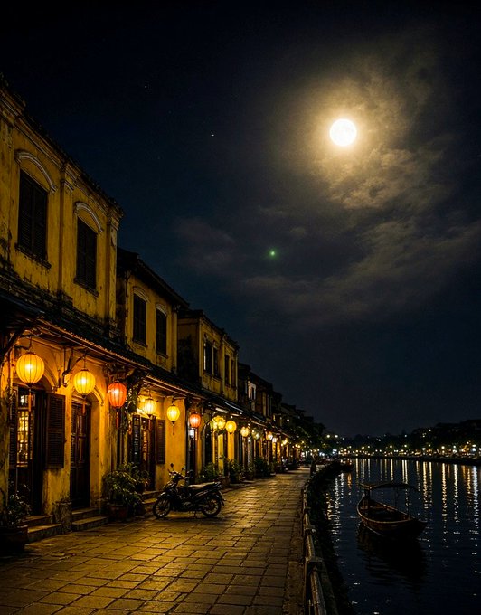 A nighttime view of a riverside street lined with yellow colonial-style buildings adorned with glowing red lanterns, illuminated by a full moon in the sky.