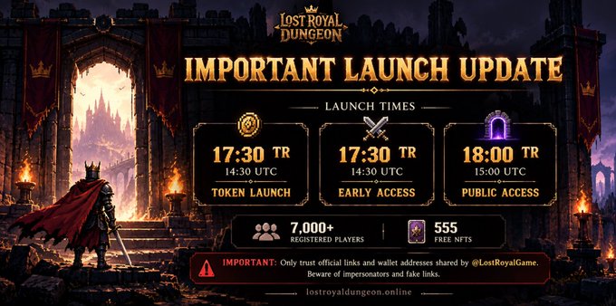 A dark, fantasy-themed 'Lost Royal Dungeon' launch announcement with 'IMPORTANT LAUNCH UPDATE', listing times for Token Launch, Early Access, and Public Access, along with 7,000+ registered players and 555 free NFTs.