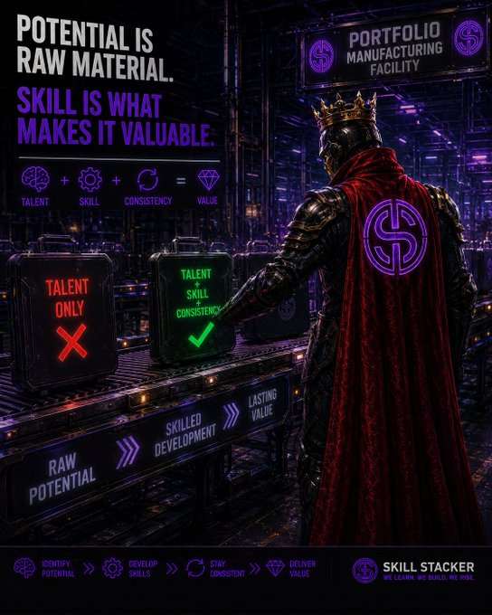 A motivational graphic titled 'POTENTIAL IS RAW MATERIAL. SKILL IS WHAT MAKES IT VALUABLE' from 'SKILL STACKER', showing an armored figure before a manufacturing facility.