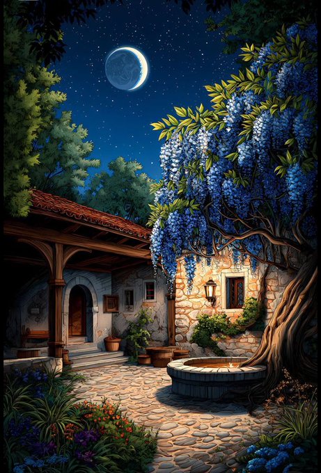 A digitally illustrated nighttime scene depicts a charming stone courtyard with a cascading wisteria tree in full bloom, a crescent moon overhead, and a small fountain glowing in the center.