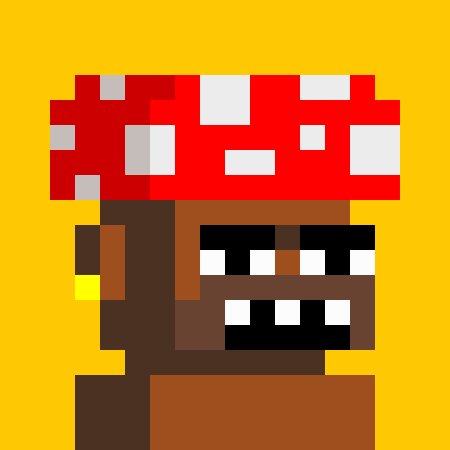 A pixel art character with dark brown skin wearing a red mushroom-like cap with white spots on a yellow background.