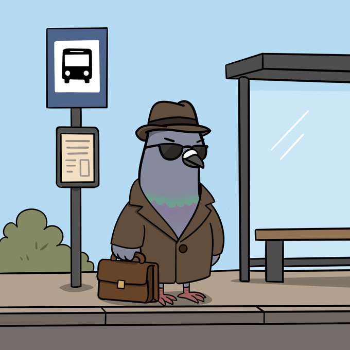 A pigeon dressed as a mysterious spy in a trench coat, fedora, and sunglasses waits at a bus stop with a briefcase, under a sign displaying a bus icon. The noir-style detective bird cleverly mirrors the "GM" (Good Morning) post, standing in as a watchful "agent" of the crypto market as Golubiro approaches 30 ETH in trading volume.