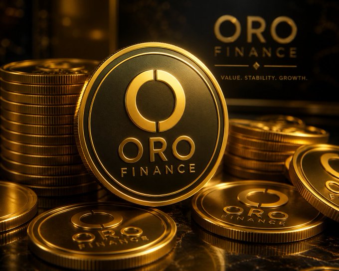 The image features a stack of gold coins with the word "Oro" written on them. The coins are arranged in a pile, and there's also a gold coin sitting directly on top of the pile. In the background, there's a black banner that says "Oro Finance".