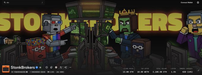 A YouTube channel banner for "StonkBrokers" (@STONKBROKERS) featuring pixel-art characters at trading terminals, displaying crypto prices and stats including a floor price of 13.00 ETH, top offer 10.00 ETH, and total volume 2,186.68 ETH.