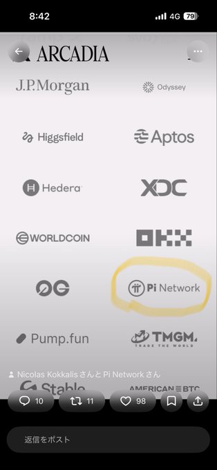 A screenshot from a social media post titled "ARCADIA" displays logos of major Web3 and financial companies including J.P. Morgan, Higgsfield, Aptos, Hedera, XDC, Worldcoin, OKX, G, Pi Network (highlighted with a yellow circle), Pump.fun, and TMGM. The post's caption by Nicolas Kokkalis emphasizes Pi Network's prominence alongside these established global players.
