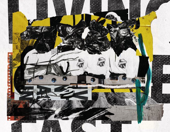 A mixed-media collage artwork featuring crumpled black material, yellow and white painted elements, and partial text reading 'WHERE IS' and 'WASTE'.