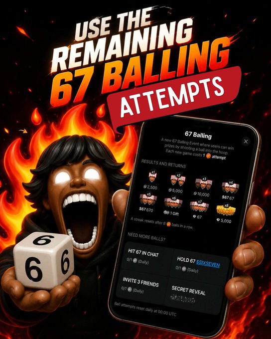 A stylized promotional graphic features a fierce, screaming character holding a die showing "67" amid fiery flames, with bold text reading "USE THE REMAINING 67 BALLING ATTEMPTS." Beside the character, a smartphone screen displays the "67 Balling" event interface, showing prizes ranging from 2,500 to 67,670 and options to "HIT 67 IN CHAT" (SIXKSEVEN) or "INVITE 3 FRIENDS," directly aligning with the post's reminder to use remaining attempts before the feature ends.