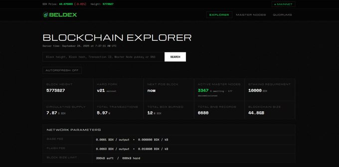 A dark-themed web interface displays the 'BELDEX BLOCKCHAIN EXPLORER', showing network stats like block height 5773827, 'now' as the best for block, and a circulating supply of 7.87B BDN.