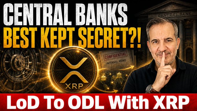 The image is a YouTube thumbnail featuring a man holding a finger to his lips in a "secret" gesture, alongside bold text reading "CENTRAL BANKS BEST KEPT SECRET?!" and "LoD To ODL With XRP," with an XRP coin graphic and a Federal Reserve building in the background, visually supporting the claim that the Fed is secretly preparing to use XRP.