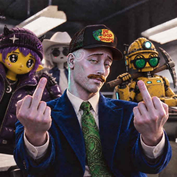 A 3D-rendered man in a blue suit, green paisley tie, and black trucker cap reading 'DE GOD SHOPS' raises both middle fingers, with anime and robot characters visible in the background.