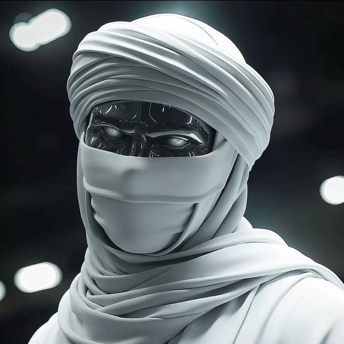 A digital artwork depicting a mysterious figure wrapped in white bandages/turban with a black mechanical mask covering their eyes, set against a dark background with blurred lights.