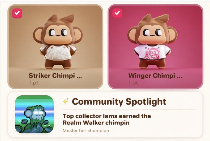 A digital interface displays two checked items, 'Striker Chimpi...' and 'Winger Chimpi...' both worth '1 pt', above a 'Community Spotlight' section highlighting 'Top collector Iams earned the Realm Walker chimpin Master tier champion'.