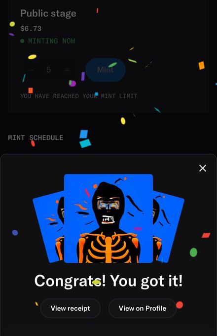 Mobile screenshot of an NFT minting interface showing a 'Public stage' at '$6.73' with 'Minting Now' and a pop-up congratulating 'You got it!' alongside a blue and black skeleton character.