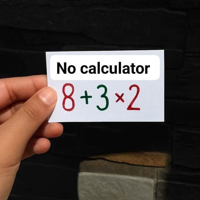 A hand holds a card displaying a math problem '8 + 3 x 2' under a speech bubble that reads 'No calculator'.