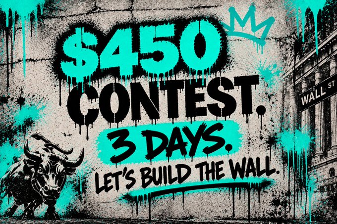 A vibrant graffiti-style graphic advertises a "$450 CONTEST" running "3 DAYS" with the rallying call "LET'S BUILD THE WALL," featuring a charging bull and a Wall Street sign, symbolizing a challenge to traditional finance barriers that have long controlled access to investing and wealth-building.