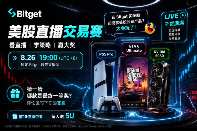 Bitget is hosting a "美股直播交易赛" (US Stocks Live Trading Competition) on August 26 at 19:00 (UTC+8), featuring a "LIVE 干货满满" session with strategy insights and prizes including a PS5 Pro, GTA 6 Ultimate Edition, and an NVIDIA 5060 graphics card, with top 10 commenters receiving 5U each. The image aligns with the tweet, promoting the live event where users can watch the stream, learn strategies, and win rewards.