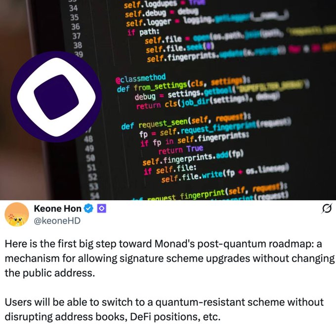A post by Keone Hon (@keoneHD) discusses Monad's post-quantum roadmap, featuring code about request fingerprints and signature scheme upgrades without changing public addresses.