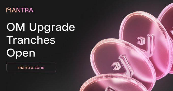 The image features a poster for an OM upgrade with three pink circles stacked on top of each other. The text on the poster reads "OM Upgrade Tranches Open" and "Focus on Sherpas, you need to claim at least once within the next 6 months to continue receiving allocations."