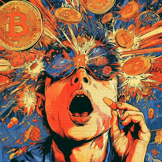 A vivid pop-art illustration of a screaming figure with Bitcoin coins exploding around them against a blue background.