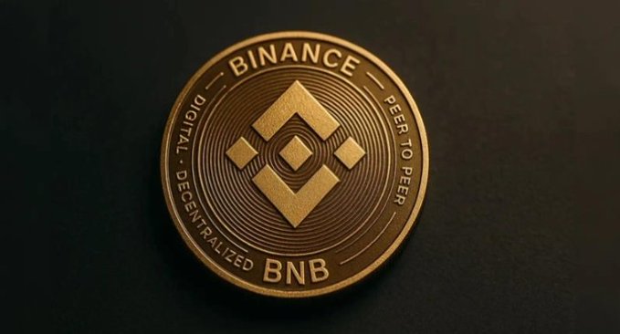 A gold Binance (BNB) coin rests on a dark surface, displaying the text "BINANCE," "DIGITAL," "DECENTRALIZED," "PEER TO PEER," and "BNB." The image visually represents the cryptocurrency discussed in the post, which highlights BNB's relative strength and bullish momentum as key support holds and a breakout appears to be building.