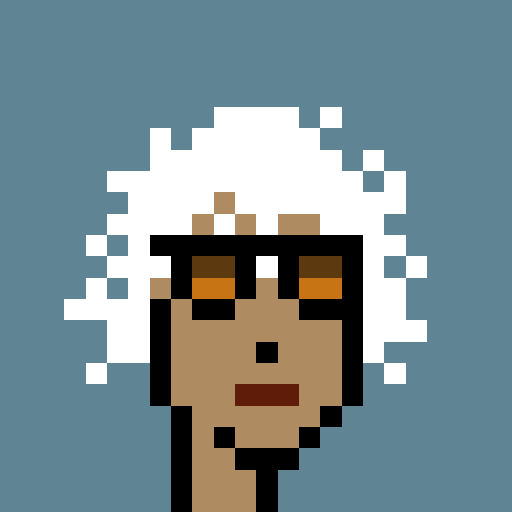 A pixel art portrait of a character with dark skin, closed eyes, and voluminous white hair against a blue background.