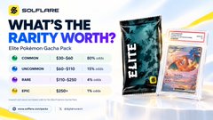 A small promotional graphic asks “WHAT’S THE RARITY WORTH?” beside Elite Pokémon card-pack products and an Elastrip-style pack.