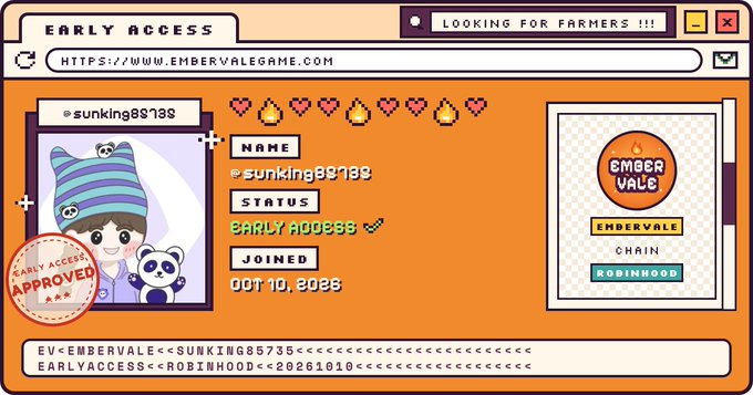 A pixel art graphic for 'Ember Vale' early access features a character in a panda hat, the username 'sunking88738', and text including 'LOOKING FOR FARMERS!!!' and 'EMBERVALE CHAIN ROBINHOOD'.
