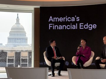 A panel discussion titled "America's Financial Edge" takes place in a room overlooking the U.S. Capitol building, with three speakers seated on stage, aligning with the post about joining the Injective Summit in Washington D.C. to discuss Congressional efforts supporting American innovation in the digital marketplace.