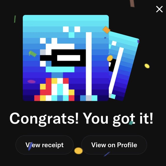 A mobile screen displays pixel-art cards with the text 'Congrats! You got it!' alongside buttons to 'View receipt' and 'View on Profile'.