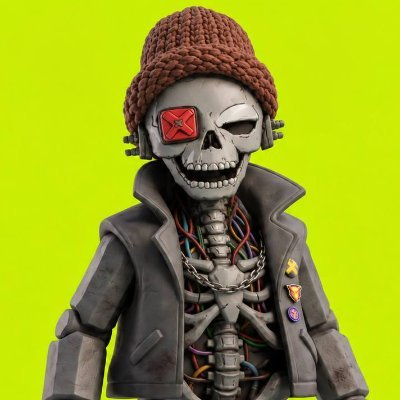 3D rendered skeleton character wearing a brown knit beanie, a leather jacket with pins, a chain necklace, and a red eye patch featuring an 'X'.
