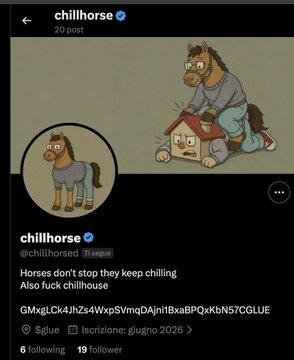 The image shows a social media post from "chillhorse" featuring a cartoon horse being sat upon by a larger horse, with the caption "Horses don't stop they keep chilling Also fuck chillhorse" and tags related to a crypto meme token with contract address GMxLCk4JhZs4Wxg5VmqDAjmiTBxaBPQzKbN57CGiLUE and 6 follows/19 followers. The post relates to the accompanying caption about understanding the $GLUE token's V2 mechanism, using the horse imagery to satirize or parody the token's racing/horse-themed mechanics despite the "chill" horse branding seemingly contradicting the active racing system described.
