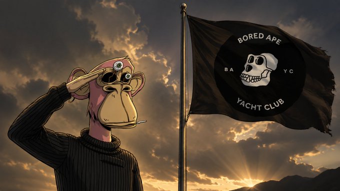 An illustration of a Bored Ape character in a sweater saluting, standing next to a black flag bearing the 'Bored Ape Yacht Club' skull logo against a sunset sky.
