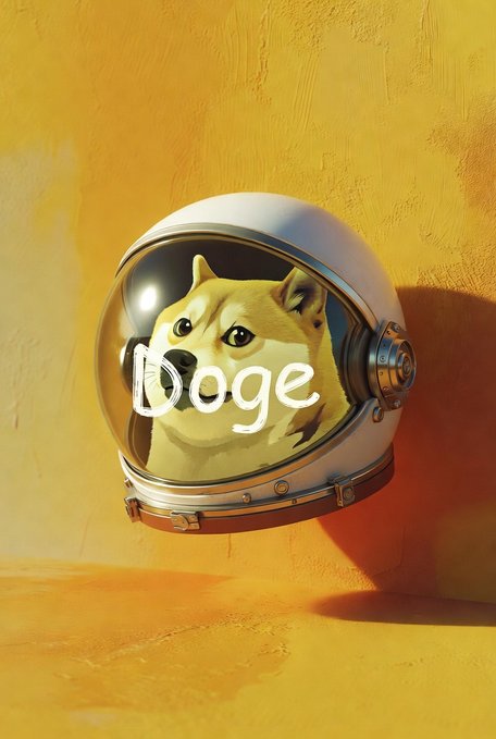 A digital illustration shows a Shiba Inu dog wearing a white astronaut helmet with 'Doge' written on the visor, set against a textured orange background.