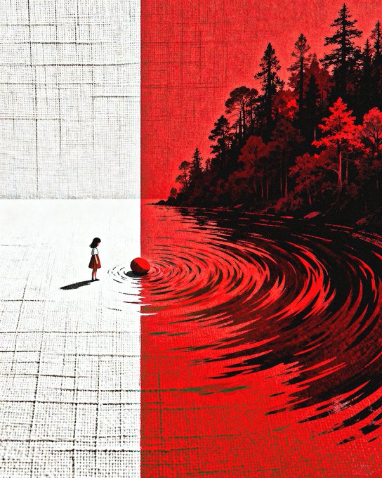 A stylized digital artwork split between a white grid background featuring a small girl and a red forested shoreline with water ripples, evoking a dreamlike, surreal atmosphere.