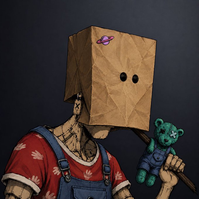 A melancholic illustration of a robot character wearing a crumpled brown paper bag over its head (decorated with a small Saturn planet sticker) and a red hand-patterned shirt with blue overalls, holding a small green teddy bear with an X-stitched eye.