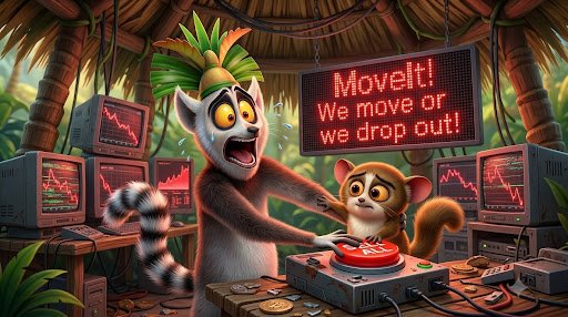 A vibrant illustration showing a panicked lemur wearing a leaf hat frantically pressing a red button, while a wide-eyed mouse watches; above them, an LED sign displays 'MoveIt! We move or we drop out!' with stock charts visible in the background.
