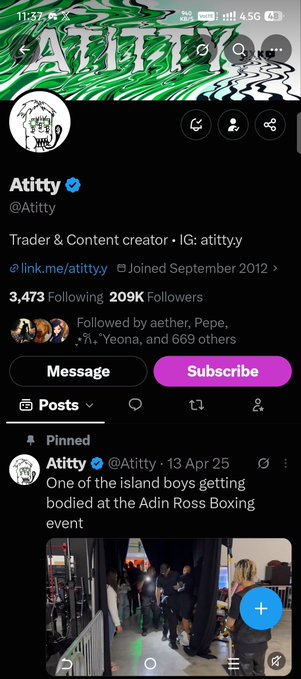 Screenshot of an X/Twitter profile for 'Atitty' (@Atittyy), a Trader & Content creator with IG: atittyy, showing 209K followers, a pinned post about the Adin Ross Boxing event, and a subscribe button.