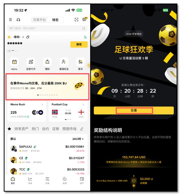 The image displays a mobile app interface (Binance Wallet) on the left showing a "Meme Rush" trading event banner reading "在事件Meme中交易,瓜分最高 200K $U" alongside other crypto tokens like SAPIJUJU and CZ. The right panel promotes the "2026 云安钱包 足球狂欢季" (Football Carnival Season) with a U token trading event, countdown timer (09:20:28:22), a "交易" (Trade) button, and shows a prize pool of 153,747.64 USD split from a total 50,000 U rewards, tying into Binance Wallet's World Cup-themed trading campaign.